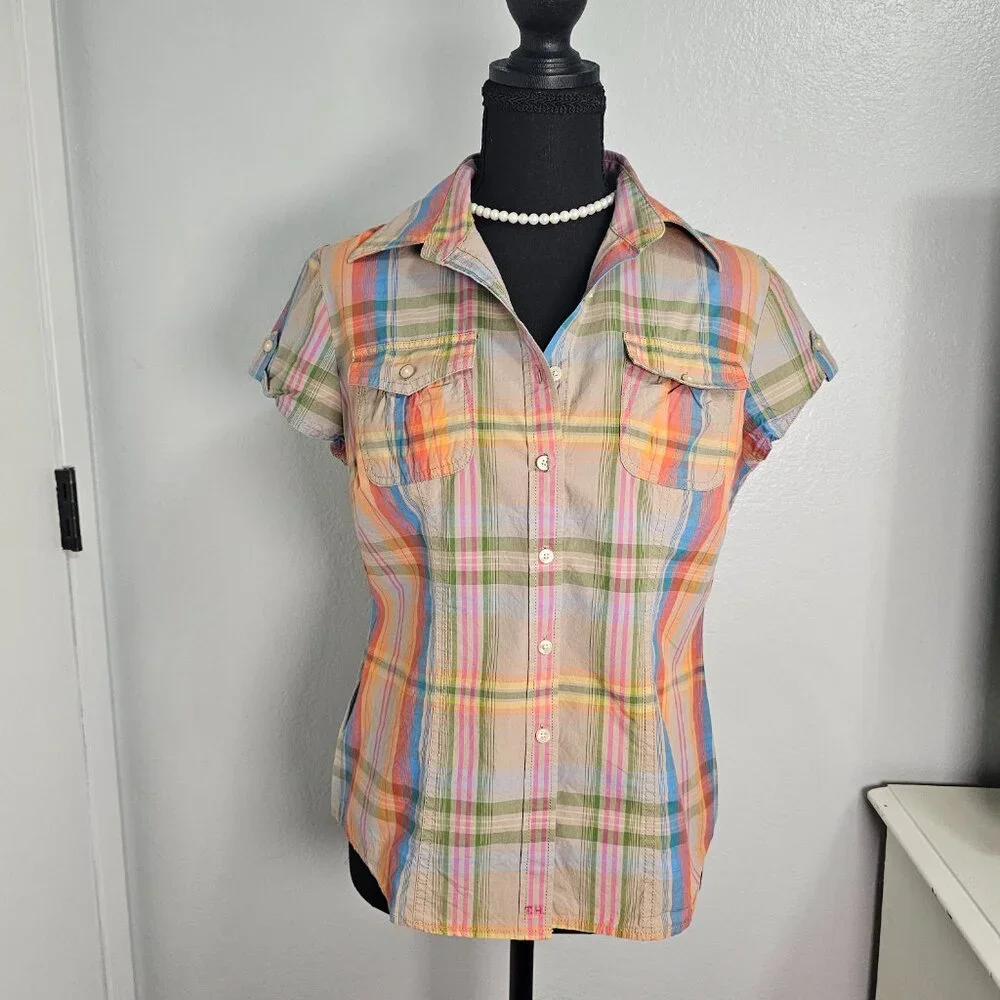 Tommy Hilfiger Multi-Color Plaid Button-Down Short Sleeves Shirt - Size Medium - Picture 2 of 6